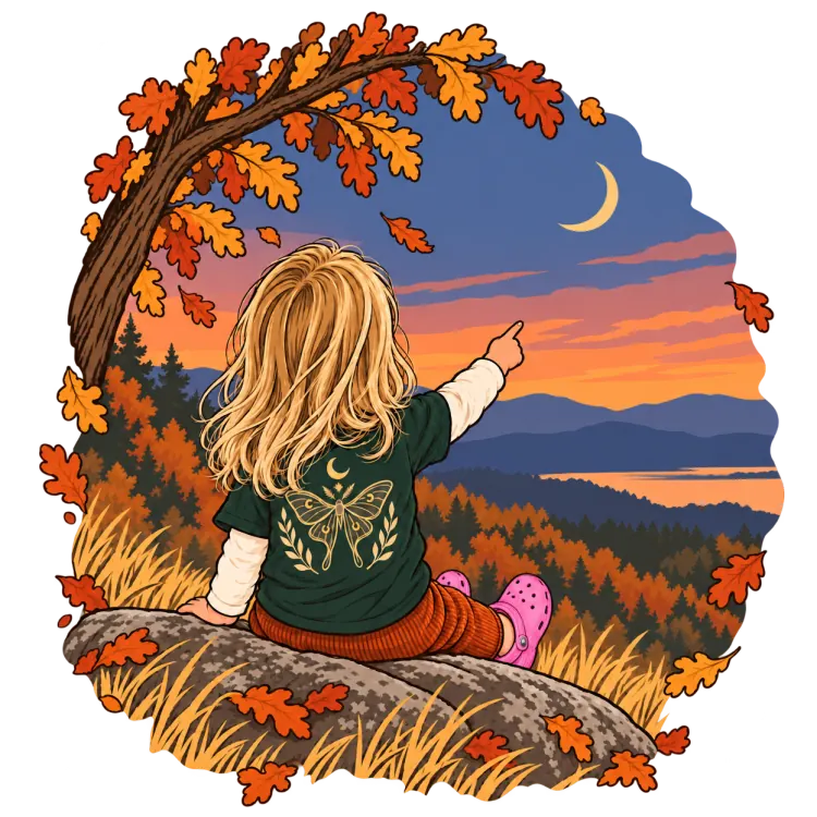 AI-generated image of a small girl, seen from behind, sitting on a rock on an oak hillside in autumn and pointing at a crescent moon, drawn in simple inked lines as a cutout. She wears a dark green T-shirt with the Bureau's moth mark on the back and pink clogs.