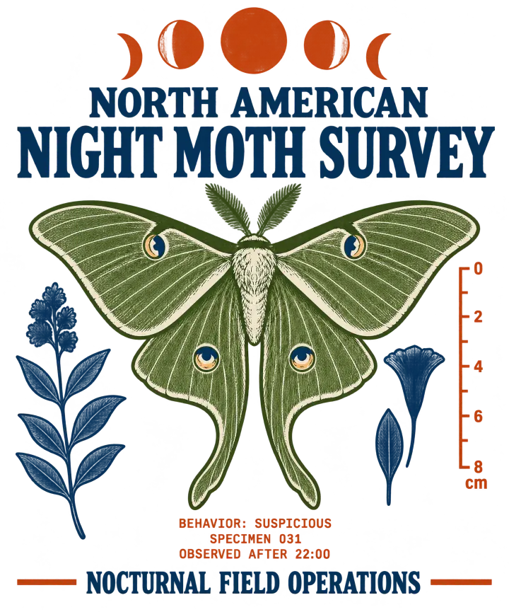 Print artwork: a pale green luna moth with its wings spread, under a row of five orange moon phases and the navy title North American Night Moth Survey. Navy wildflowers stand on each side, and an orange ruler on the right is marked 0, 2, 4, 6 and 8 cm. Orange typed notes under the moth read Behavior: suspicious, Specimen 031, Observed after 22:00. Along the bottom, between two orange rules: Nocturnal Field Operations.