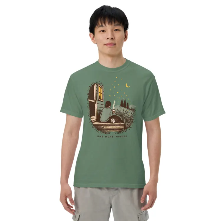 The One More Minute Tee in Light Green, worn, front view (Printful product photo).