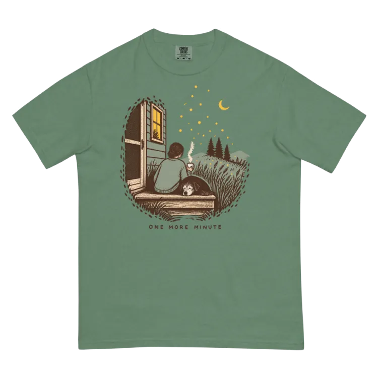 The One More Minute Tee in Light Green, laid flat (Printful product photo).
