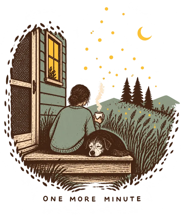 Print artwork: a person in a sage sweater, seen from behind, sitting on a wooden back step at dusk with a steaming mug, and an old dog asleep against them. A screen door and a lit window are beside them, with tall grass, three pines, yellow fireflies and a crescent moon above. Below, in spaced brown capitals: One More Minute.