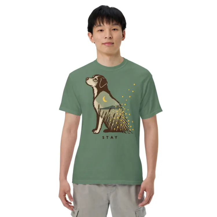 The Stay Tee in Light Green, worn, front view (Printful product photo).