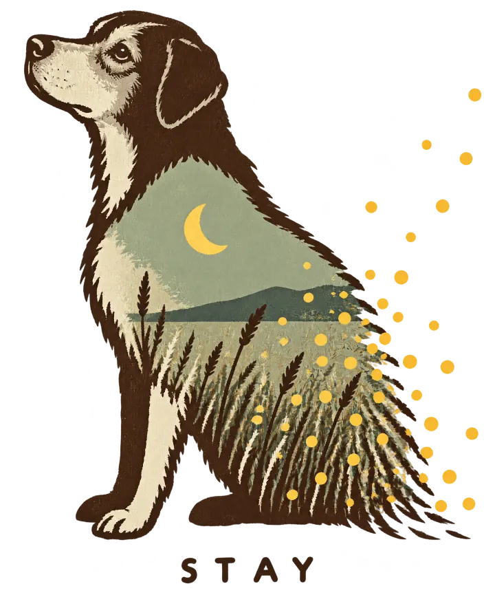 Print artwork: an old dog sitting in profile with its head raised, drawn in brown and cream brushwork. Inside its body is a dusk meadow: a pale green sky with a yellow crescent moon, dark blue-green hills and tall grass. From the hips back, the outline breaks into yellow firefly dots drifting up and to the right. Below, in spaced brown capitals: Stay.